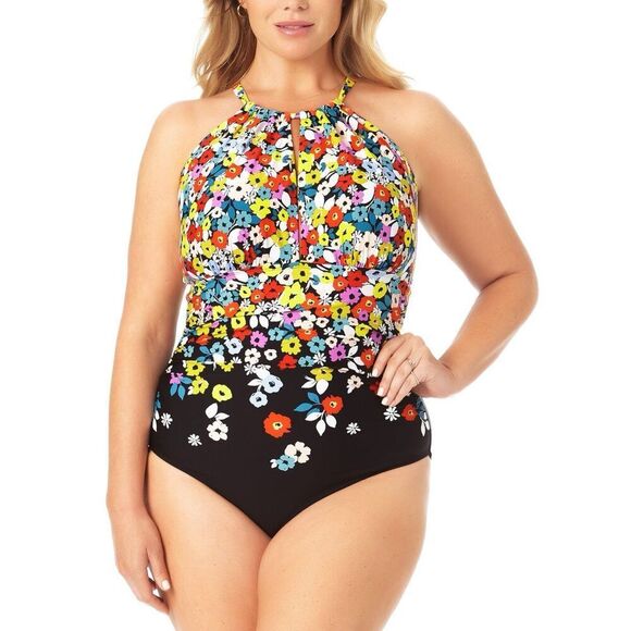 Anne Cole Women's Plus Size Flower Field Keyhole High Neck Swimsuit in Black/Whi - Picture 1 of 3